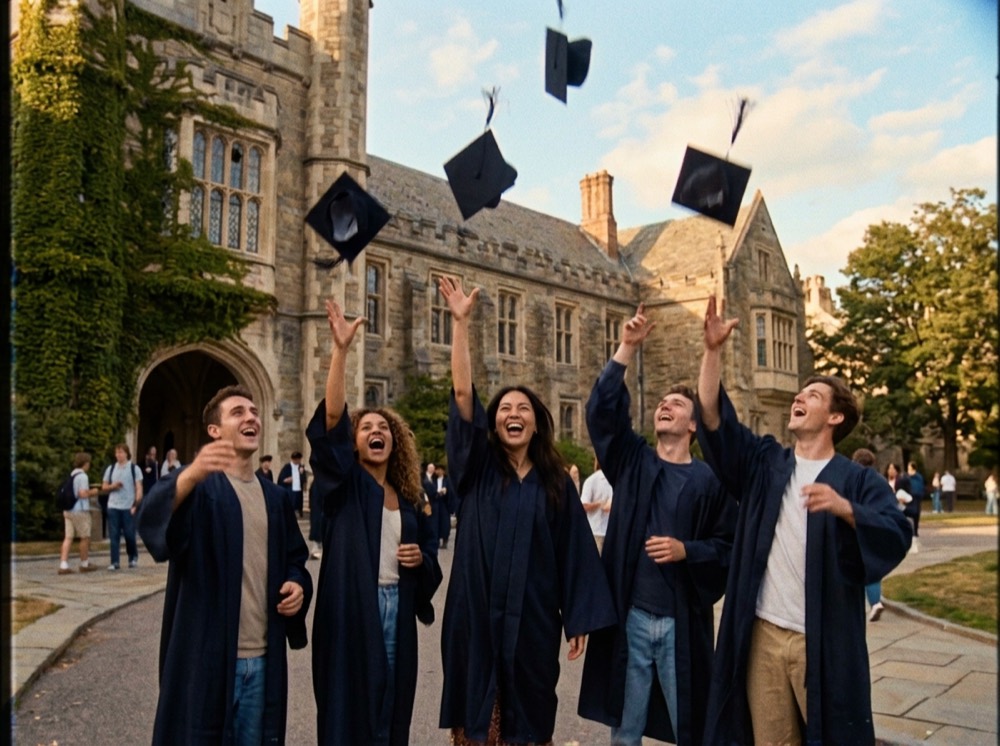 Graduation caps in the air
