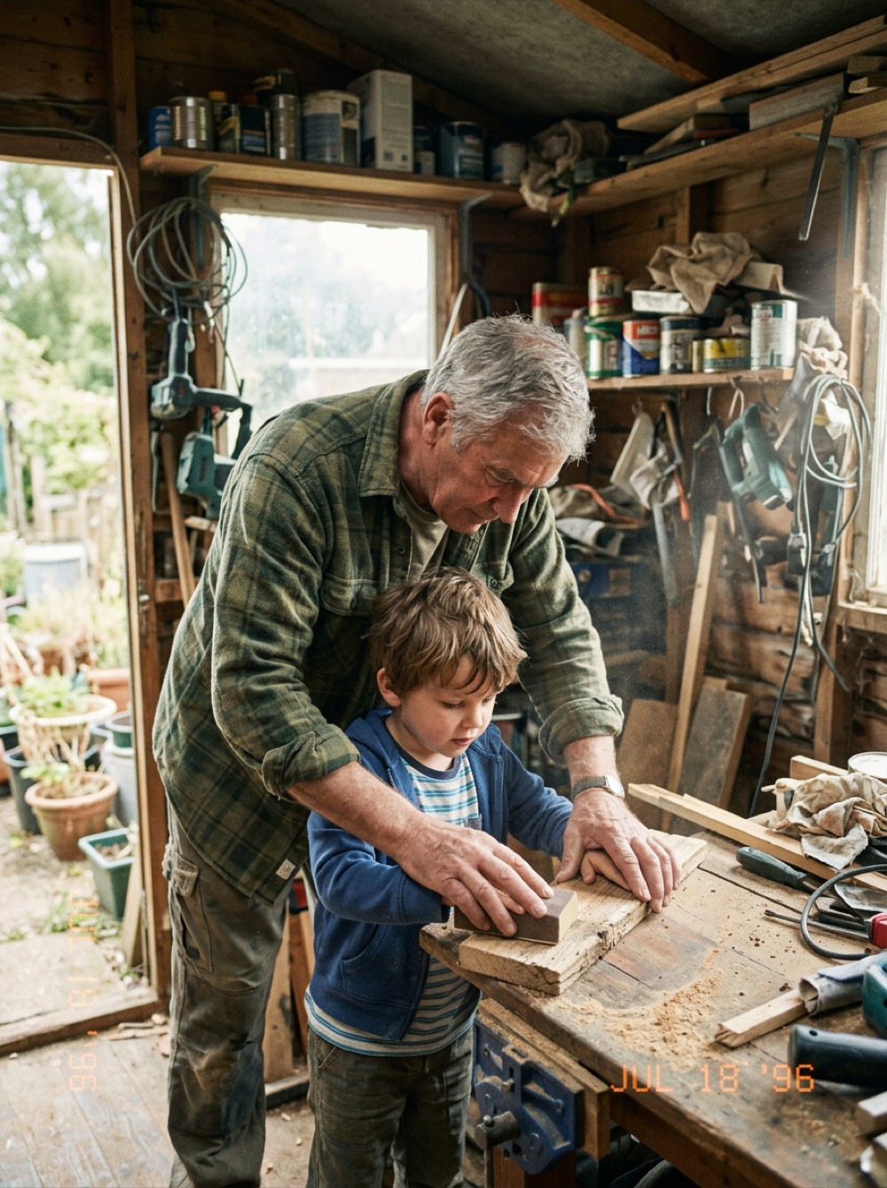 A grandad and child in a garden shed