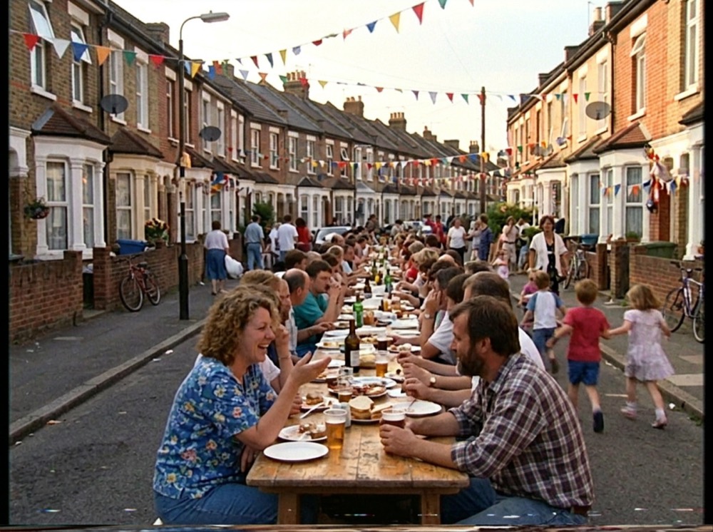 A street party with bunting
